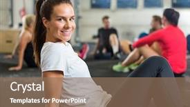  Presentation with cross - Beautiful PPT theme featuring healthclub - portrait of smiling young woman backdrop and a violet colored foreground