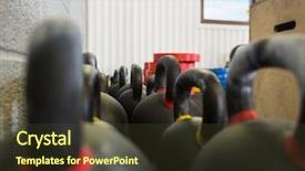  Presentation with cross and crown - Presentation theme enhanced with healthclub - selective focus of kettlebells background and a tawny brown colored foreground