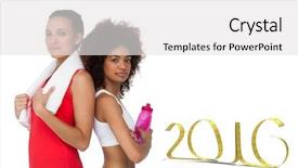  Presentation with women - PPT theme having healthy 2016 - fit women standing with waterbottle background and a white colored foreground