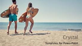 Presentation with surfing - Audience pleasing PPT theme consisting of healthy active lifestyle surfing young happy man and woman surfers going together to surf at the beach backdrop and a soft green colored foreground