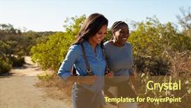  Presentation with outdoor clothes for hiking - Beautiful presentation theme featuring healthy adults - mother and adult daughter hiking backdrop and a tawny brown colored foreground