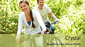  Presentation with bicycle - Colorful PPT layouts enhanced with healthy adults - photo of happy woman riding backdrop and a yellow colored foreground