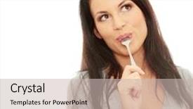  Presentation with food in spoon falling - Slide deck featuring healthy adults - portrait of young smiling woman background and a soft green colored foreground