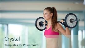  Presentation with lifting weights - Audience pleasing presentation theme consisting of healthy and fit young woman in fitness gym lifting weights and working on her butt muscles backdrop and a sky blue colored foreground