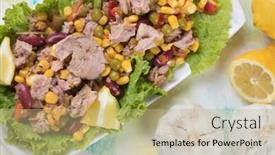  Presentation with tuna - Beautiful PPT theme featuring healthy and nutritive tuna salad backdrop and a mint green colored foreground
