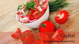  Presentation with appetizer - Audience pleasing presentation theme consisting of healthy appetizer fresh tomato salad in white bowl with bunch of chives and raw tomatoes on twig violet onion over wooden table backdrop and a red colored foreground