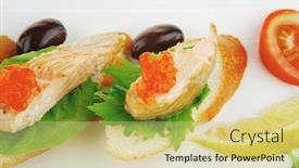  Presentation with caviar - Presentation theme with healthy appetizer sandwich with sea salmon and red caviar olives tomato and lemon on white china plate isolated over white background background and a yellow colored foreground