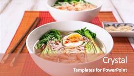  Presentation with healthy soup - Beautiful PPT theme featuring healthy asian rice noodles soup backdrop and a coral colored foreground