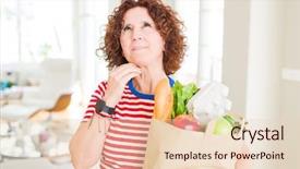  Presentation with fresh fruits vegetables groceries paper - Audience pleasing slide set consisting of healthy brain - senior woman holding paper bag backdrop and a lemonade colored foreground