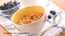  Presentation with breakfast cereal - Theme enhanced with healthy breakfast of cereal milk and blueberries served on a table on sunny morning background and a coral colored foreground