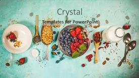  Presentation with almond milk - Beautiful PPT theme featuring healthy breakfast set with granola superfoods almond milk and berries backdrop and a mint green colored foreground