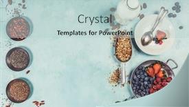  Presentation with superfoods - PPT theme having healthy breakfast set with granola superfoods almond milk and berries background and a lemonade colored foreground