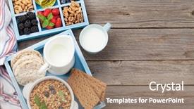  Presentation with healthy breakfast - Beautiful presentation featuring healthy breakfast set with muesli backdrop and a coral colored foreground