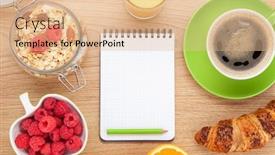  Presentation with muesli - Colorful slide deck enhanced with healthy breakfast with muesli berries and juice on wooden table with notepad for copy space backdrop and a lemonade colored foreground