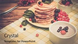  Presentation with tablecloth - Slides consisting of healthy breakfast with pancakes fresh berries and yoghurt on tablecloth in rural interior background and a coral colored foreground