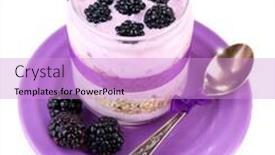  Presentation with muesli - Colorful presentation theme enhanced with healthy breakfast - yogurt with blackberries and muesli served in glass jar isolated on white backdrop and a lilac colored foreground