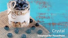  Presentation with muesli - Slide deck featuring healthy breakfast - yogurt with blueberries and muesli served in glass jar on color wooden background background and a teal colored foreground