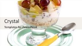  Presentation with muesli - PPT theme enhanced with healthy breakfast - yogurt with fresh grape and apple slices and muesli served in glass bowl isolated on white background and a soft green colored foreground