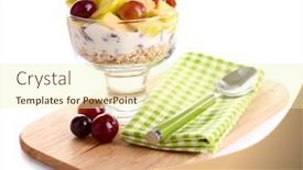  Presentation with muesli - Slide deck featuring healthy breakfast - yogurt with fresh grape and apple slices and muesli served in glass bowl on wooden tray isolated on white background and a cream colored foreground