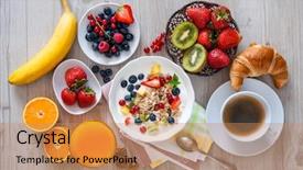  Presentation with muesli - Presentation theme featuring healthy breakfast yogurt with muesli and fresh fruits background and a coral colored foreground