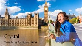  Presentation with great britain - Slide deck featuring healthy businesswoman on westminster bridge background and a coral colored foreground