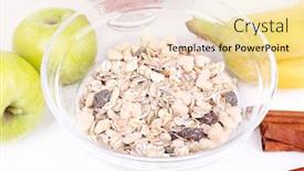  Presentation with cereal - Presentation theme with healthy cereal with milk and fruits close up background and a lemonade colored foreground