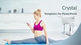  Presentation with weekend - Presentation design consisting of pilates free - healthy cheerful red haired woman background and a sky blue colored foreground