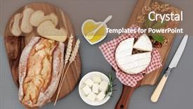  Presentation with healthy snack - Slide deck with healthy cheese snack with feta and camembert olive oil herbs walnut and pistachio nuts with fresh bread loaf and wheat sheaths on maple boards background and a tawny brown colored foreground