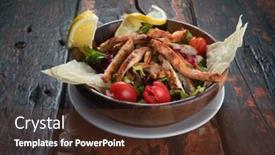  Presentation with rustic healthy - Beautiful presentation design featuring healthy chicken salad with red cabagge and carrot isolated on rustic wooden kitchen table backdrop and a tawny brown colored foreground