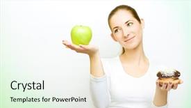  Presentation with cake - Audience pleasing PPT theme consisting of healthy choices - choosing between apple and cake backdrop and a sky blue colored foreground