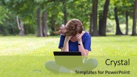  Presentation with computer - Presentation theme featuring healthy college students - beautiful brunette model working background and a yellow colored foreground