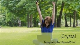  Presentation with human computer interaction mobile app - Amazing presentation design having healthy college students - beautiful brunette model working backdrop and a  colored foreground