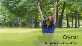  Presentation with computer - Slide deck having healthy college students - beautiful brunette model working background and a  colored foreground