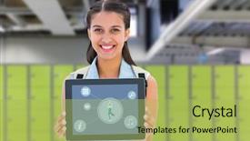  Presentation with locker room - Beautiful slide set featuring healthy college students - student showing tablet pc backdrop and a yellow colored foreground