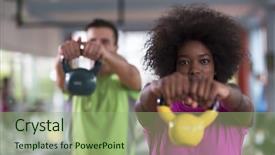  Presentation with lifting weights - PPT theme consisting of healthy couple workout with weights lifting dumbbells at gym african american woman with afro hairstyle background and a mint green colored foreground