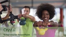  Presentation with lifting weights - Colorful PPT theme enhanced with healthy couple workout with weights lifting dumbbell at gym african american woman with afro hairstyle backdrop and a mint green colored foreground