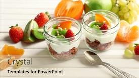  Presentation with muesli - Beautiful presentation theme featuring healthy dessert with muesli and fruits on table backdrop and a soft green colored foreground