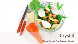  Presentation with green fresh food - Amazing slide deck having healthy diet food - fresh green lettuce salad with smoked salmon an light white goat feta cheese in transparent bowl isolated over white background backdrop and a lemonade colored foreground