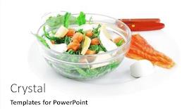  Presentation with green fresh food - Presentation design with healthy diet food - fresh green lettuce salad with smoked salmon an light white goat feta cheese in transparent bowl isolated over white background background and a white colored foreground