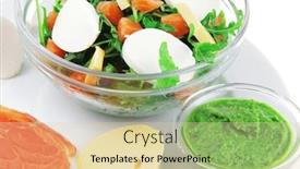  Presentation with green fresh food - Cool new presentation design with healthy diet food - fresh green lettuce salad with smoked salmon an light white goat feta cheese in transparent bowl isolated over white background backdrop and a lemonade colored foreground