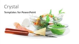  Presentation with green fresh food - Cool new presentation with healthy diet food - fresh green lettuce salad with smoked salmon an light white goat feta cheese in transparent bowl isolated over white background backdrop and a white colored foreground