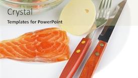  Presentation with green fresh food - Audience pleasing PPT theme consisting of healthy diet food - fresh green lettuce salad with smoked salmon an light white goat feta cheese in transparent bowl isolated over white background backdrop and a lemonade colored foreground