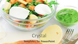  Presentation with green fresh food - PPT layouts enhanced with healthy diet food - fresh green lettuce salad with smoked salmon an light white goat feta cheese in transparent bowl isolated over white background background and a lemonade colored foreground