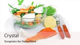  Presentation with green fresh food - Theme featuring healthy diet food - fresh green lettuce salad with smoked salmon an light white goat feta cheese in transparent bowl isolated over white background background and a lemonade colored foreground