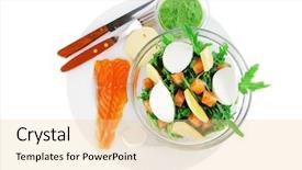  Presentation with green fresh food - PPT theme enhanced with healthy diet food - fresh green lettuce salad with smoked salmon an light white goat feta cheese in transparent bowl isolated over white background background and a blonde colored foreground