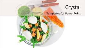  Presentation with green fresh food - Presentation theme featuring healthy diet food - fresh green lettuce salad with smoked salmon an light white goat feta cheese in transparent bowl isolated over white background background and a lemonade colored foreground