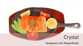  Presentation with hot metal - Audience pleasing slide set consisting of healthy diet food hot sea grilled red salmon fish fillet with lemon avocado and tomatoes on metal pan over wooden plate isolated on white background backdrop and a coral colored foreground