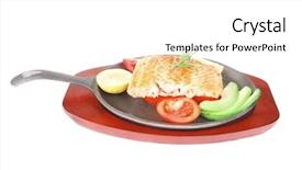  Presentation with hot metal - Slide deck enhanced with healthy diet food hot sea grilled red salmon fish fillet with lemon avocado and tomatoes on metal pan over wooden plate isolated on white background background and a white colored foreground