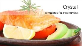  Presentation with hot metal - Theme with healthy diet food hot sea grilled red salmon fish fillet with lemon avocado and tomatoes on metal pan over wooden plate isolated on white background background and a white colored foreground