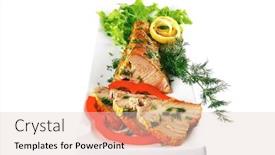  Presentation with fish tuna - PPT layouts having healthy dinner grilled sea tuna fish with lemon and vegetables on white china plate isolated over white background background and a lemonade colored foreground